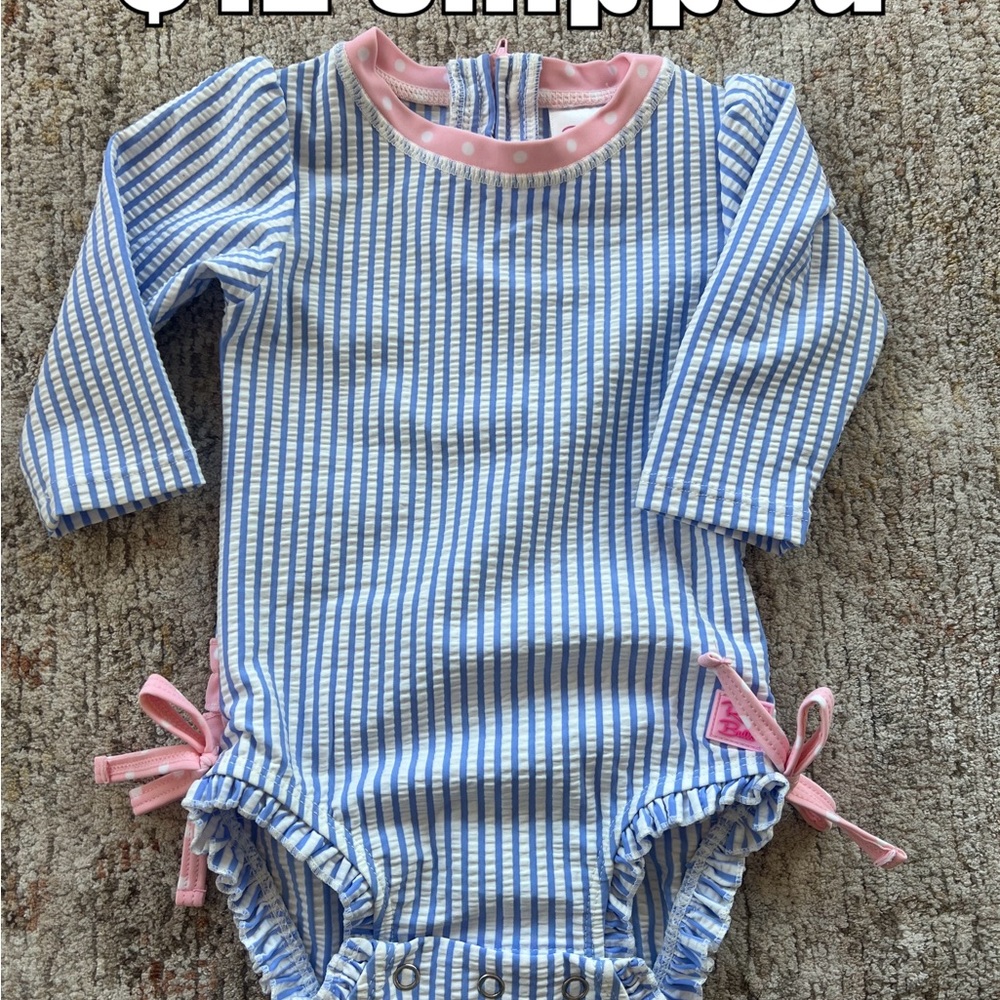 Blue and White Striped Baby swimsuit ruffle butts sz 3-6 runs big 6-12 like new!